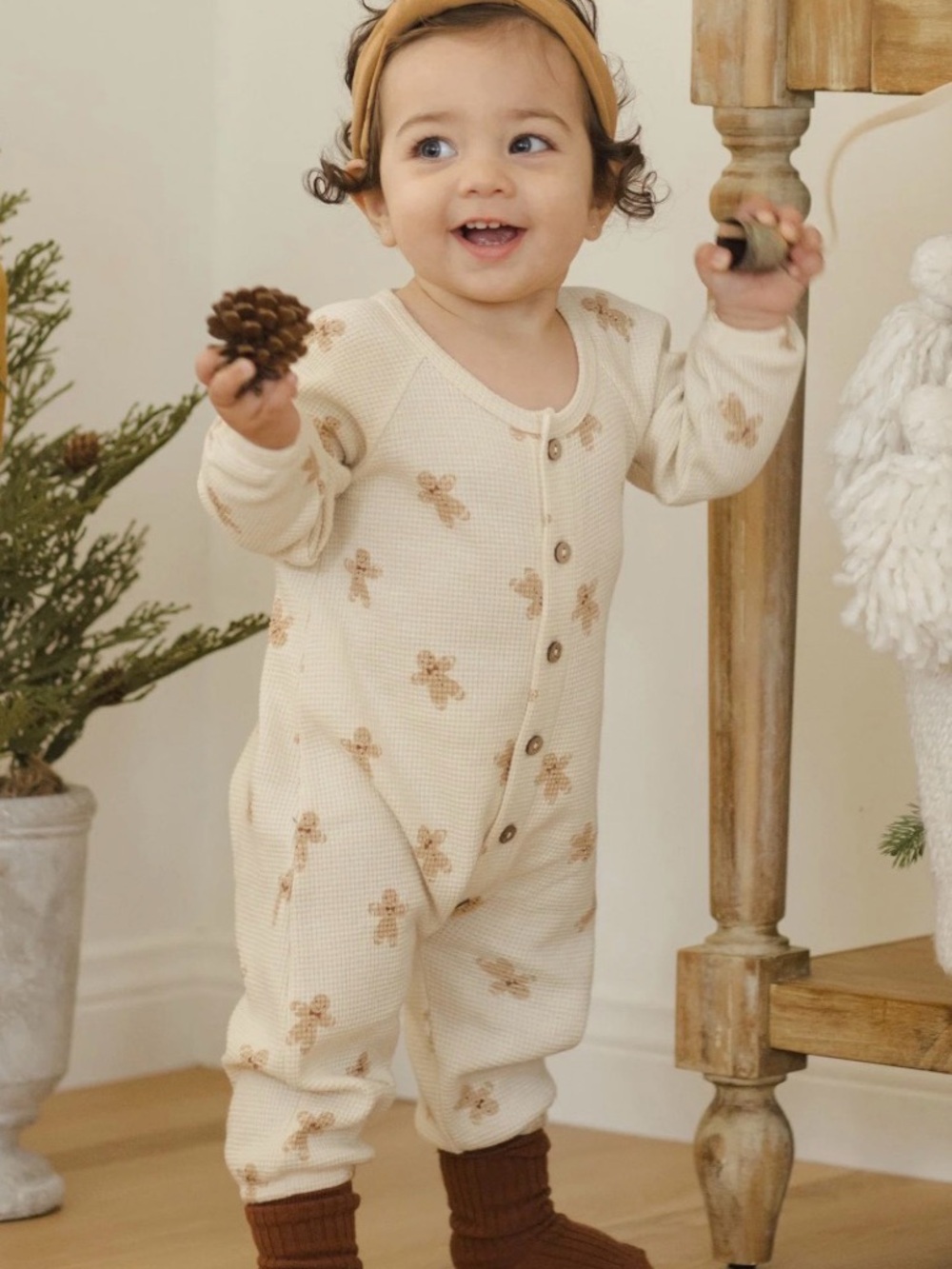 Quincy Mae gingerbread waffle knit bubble jumpsuit Christmas